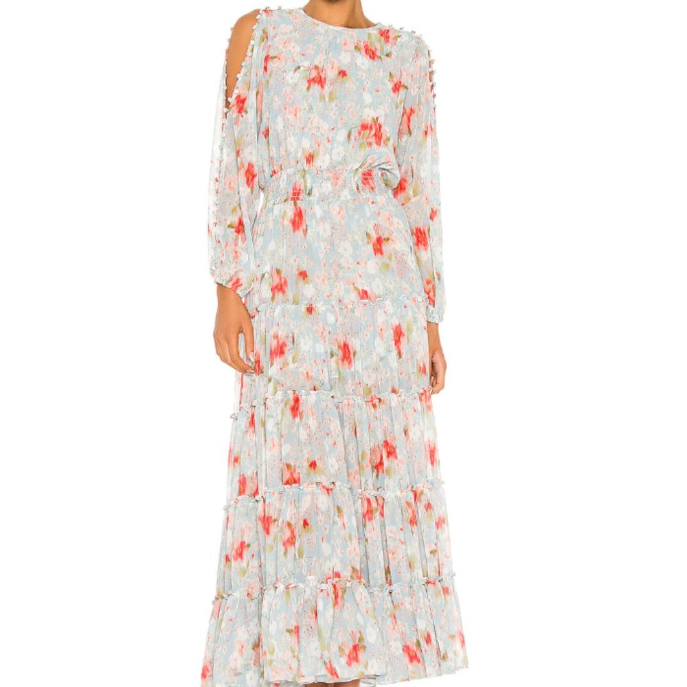 Misa Los Angeles - Light Blue Floral Dress - Button Arm Detail